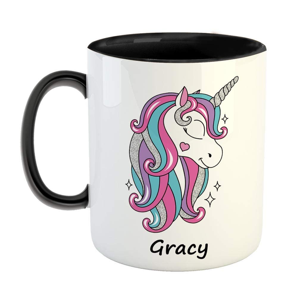 FurnishFantasy Unicorn Ceramic Coffee Mug - Best Happy Birthday Gift for Daughter, Sister, Gift for Kids, Return Gift - Color - Black, Name - Gracy