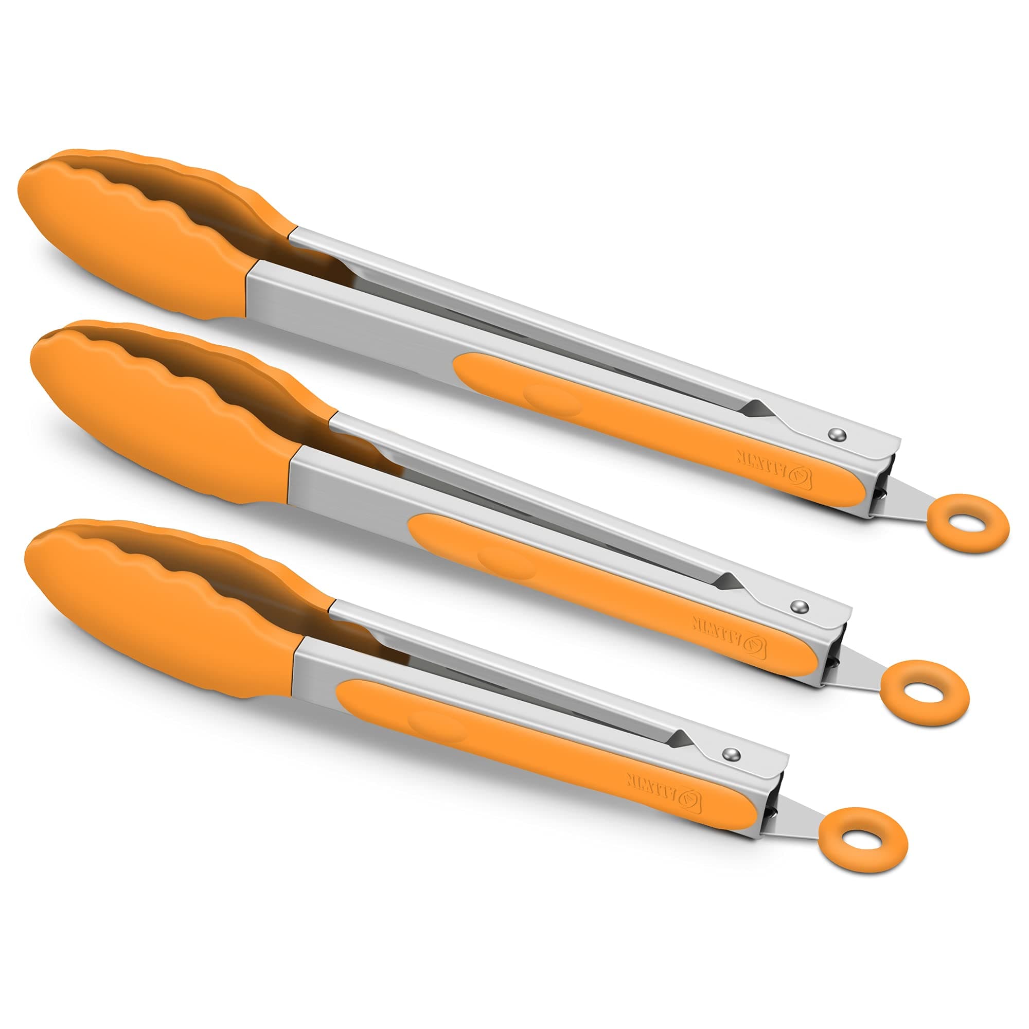 3 Pack Orange Kitchen Tongs, Premium Silicone BPA Free Non-Stick Stainless Steel BBQ Cooking Grilling Locking Food Tongs, 9-Inch 10-Inch & 12-Inch