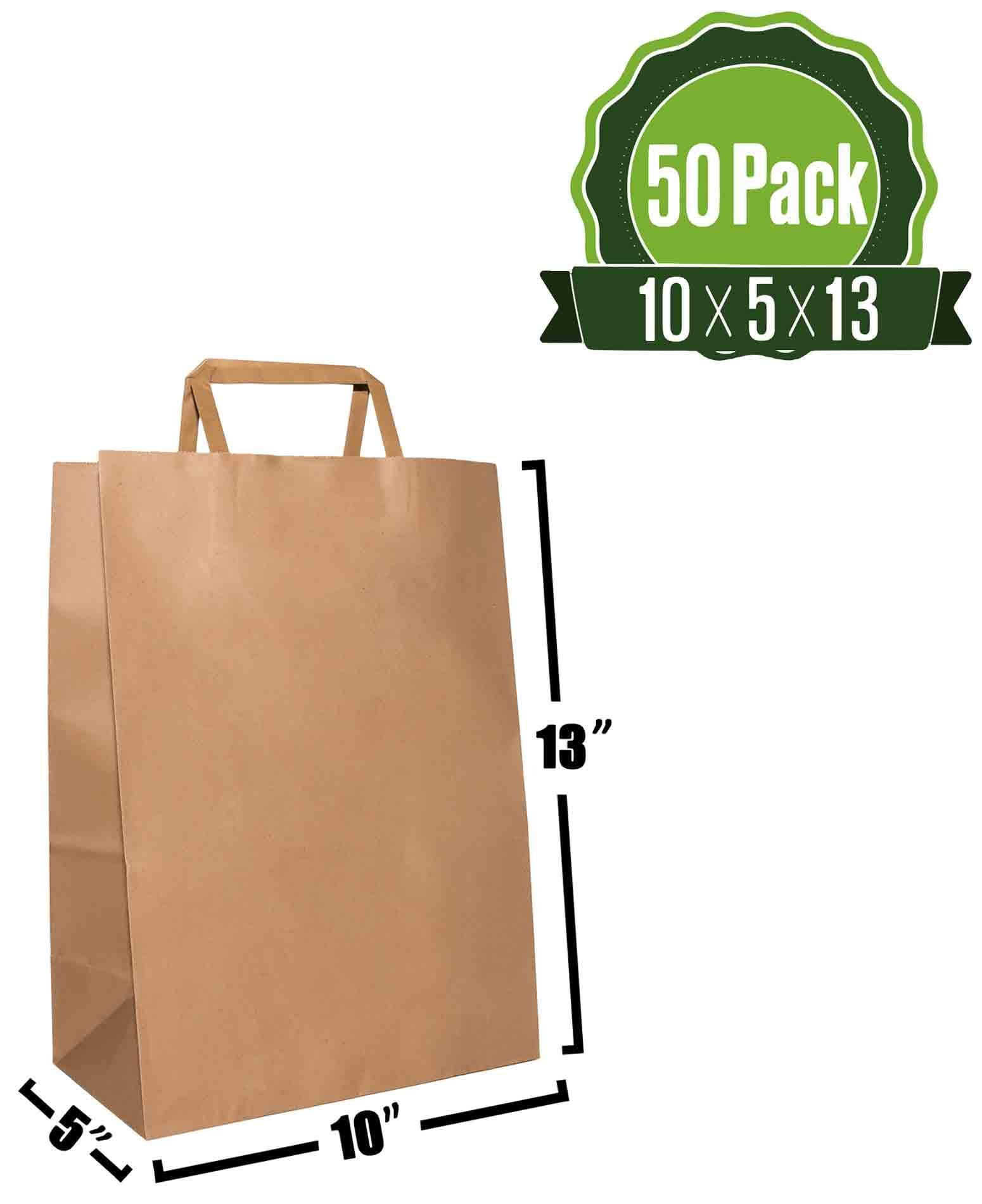 10 X 5 X 13 Brown Kraft Paper Gift Bags Bulk with Flat Handles [50Pc]. Ideal for Shopping, Packaging, (M B Flat x50)