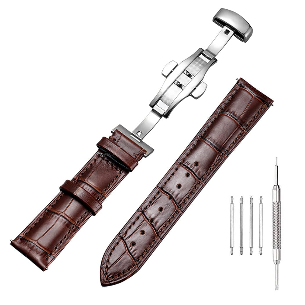 Genuine Calfskin Leather Watch Band,Alligator Grain Deployment Butterfly Buckle Replacement Strap for Men Women 18mm 20mm 22mm 24mm