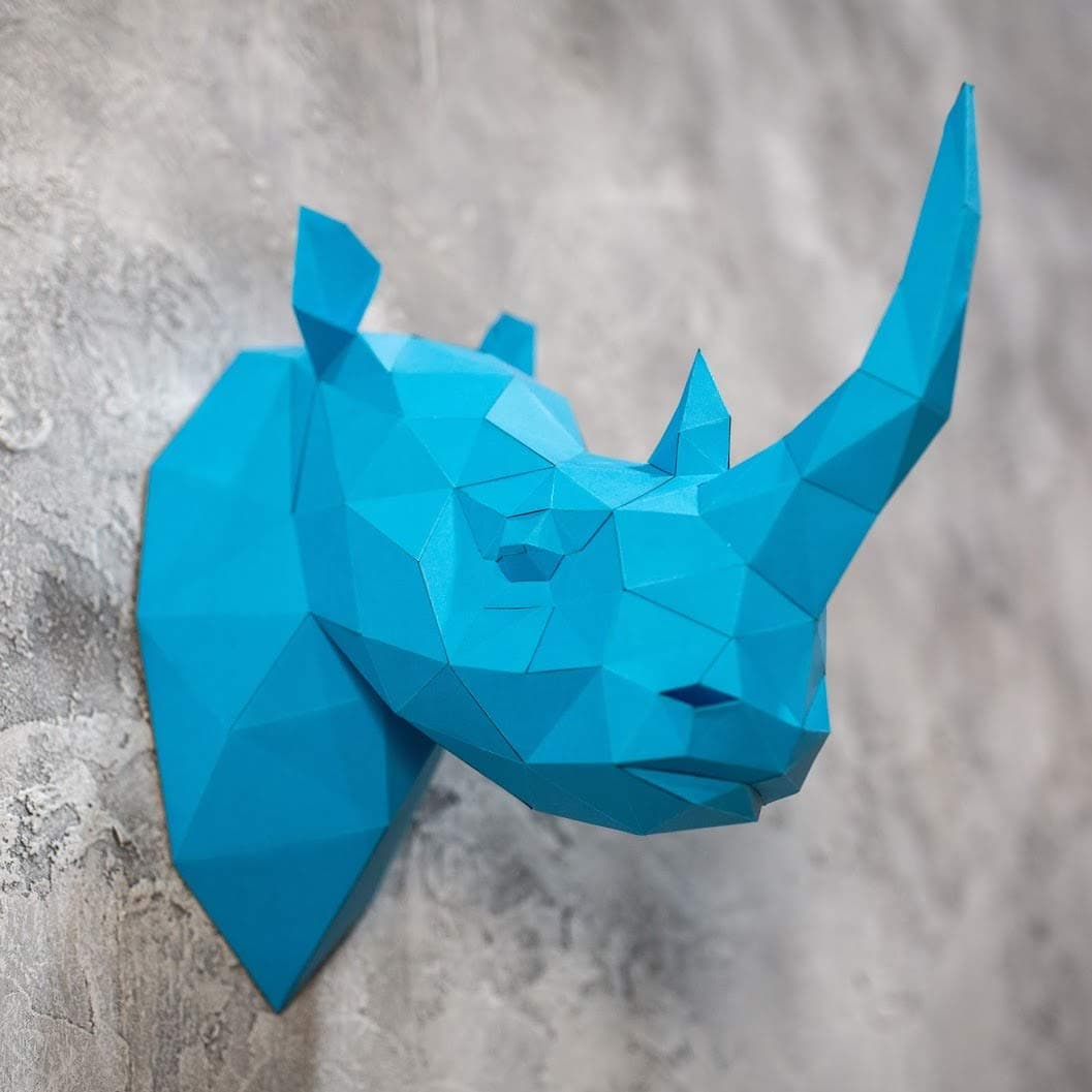 Rhino Trophy Head, 3D Head Wall Decor, Cardboard Rhino Taxidermy Wall Mount, Fake Animal Head Decor, DIY Papercraft Kit Pre-Cut & Pre-Folded