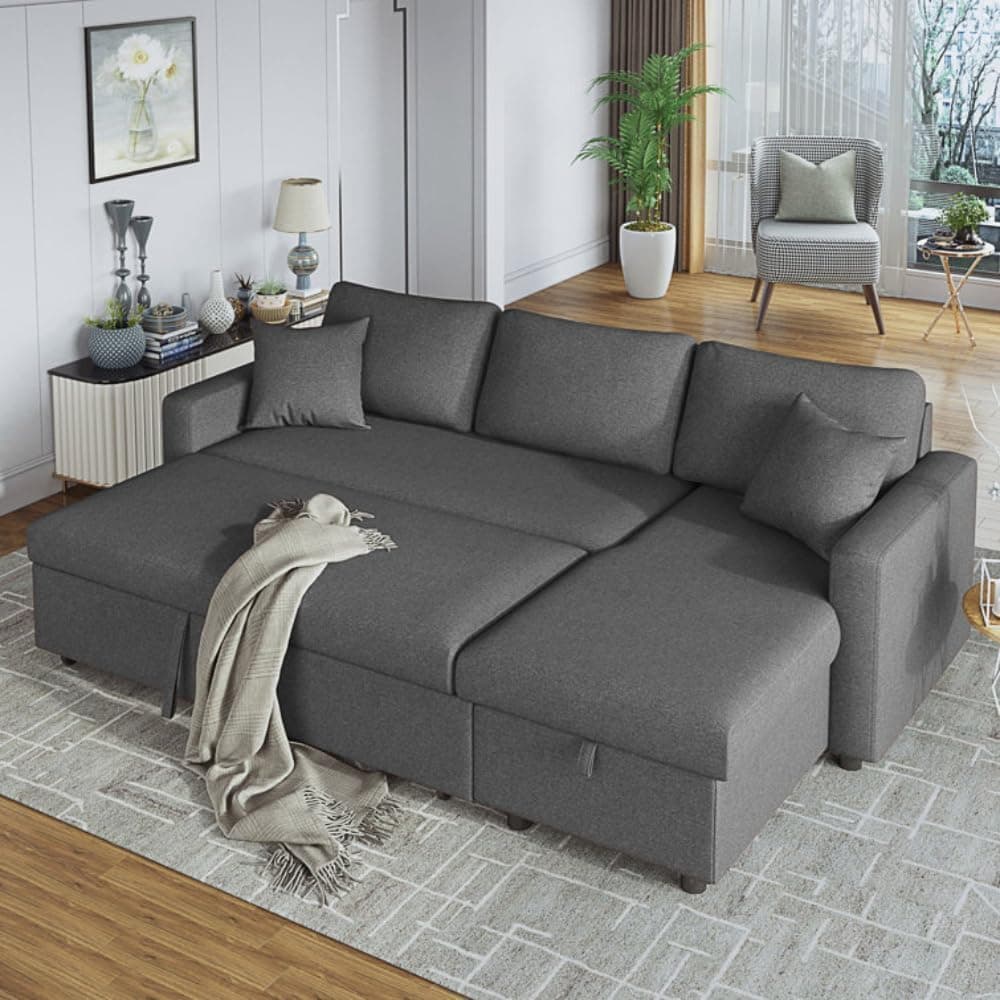 Karnak Hunter 3-Seater Fabric Corner Sofa Cum Bed L-Shaped Storage Space Convertible Living Room Furniture (Grey)