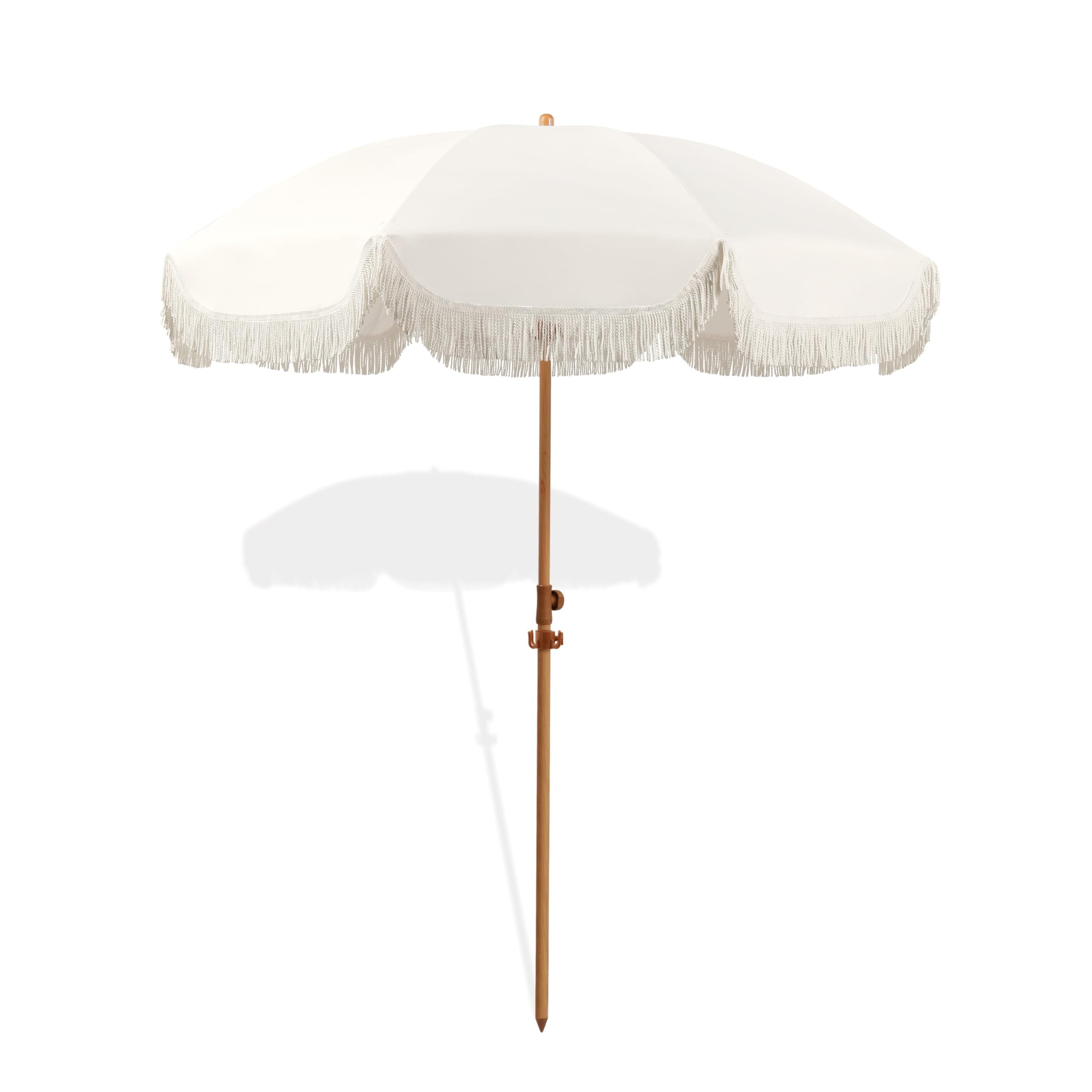 2M Patio Umbrella with Fringe Beach Umbrella, Outdoor Tassel Umbrella with Towel Rail, Tilting Aluminum Pole, UV 50+, Fiberglass Ribs, Elegant Cream, Elegant cream
