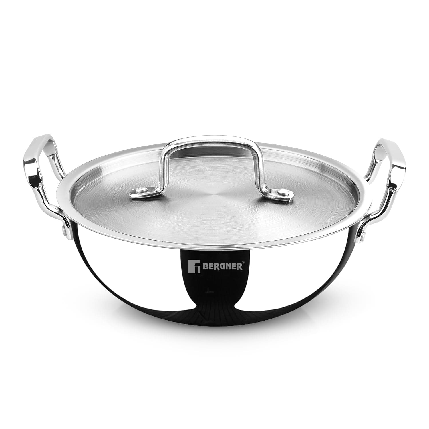 Bergner TriPro 28cm (5L) Tri-Ply Stainless Steel Deep Stir-Fry Pan, Kadai with Lid, Healthy Cooking with Less Oil, Metal Spatula Friendly Wok, Stay-Cool Handles, Induction & Gas Stove Compatible