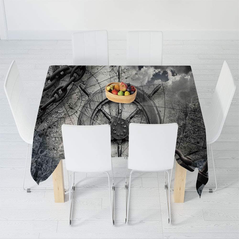 Waterproof Tablecloth,Ships Wheel Decor,for Dining-Table Tea Table Desk Secretaire,39.4 X 39.4 Inch,Retro Navigation Equipment Illustration with Steering Wheel