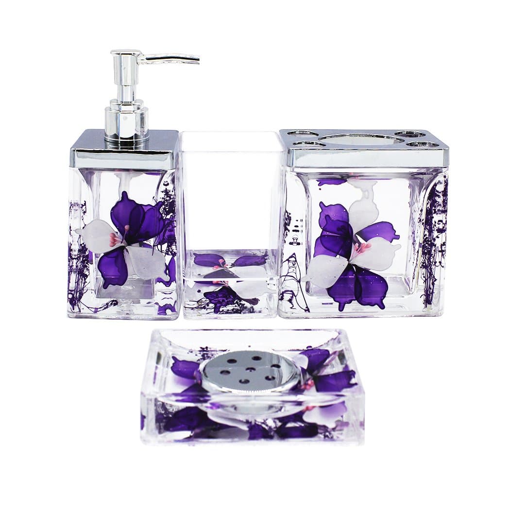 EUMAT Nature Series Bathroom Organizer Set Acrylic 4 PCS Bathroom Washing Accessory Set with Purple Flower NB4-026