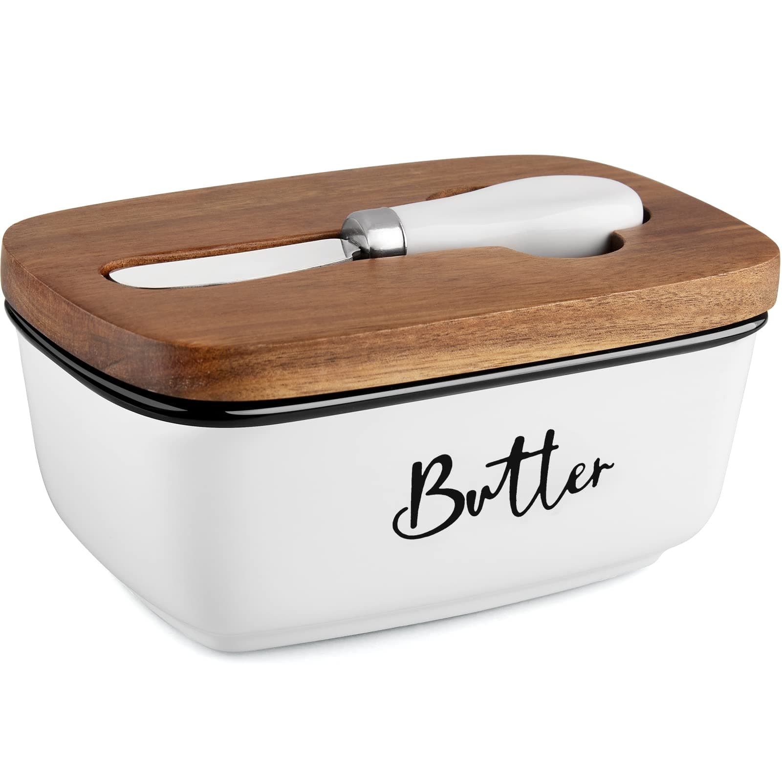 Ceramic Butter Dish with Lid and Knife for Countertop, Airtight Butter Keeper for Counter or Fridge, Butter Container with Thick Acacia Wood Lid, for Farmhouse Kitchen Decor and Accessories, White