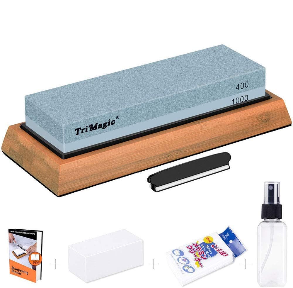 TriMagic Whetstone Knife Sharpening Stone 2 Side Grit 400/1000 Waterstone | Best Whetstone Sharpener | NonSlip Bamboo Base & Angle Guide