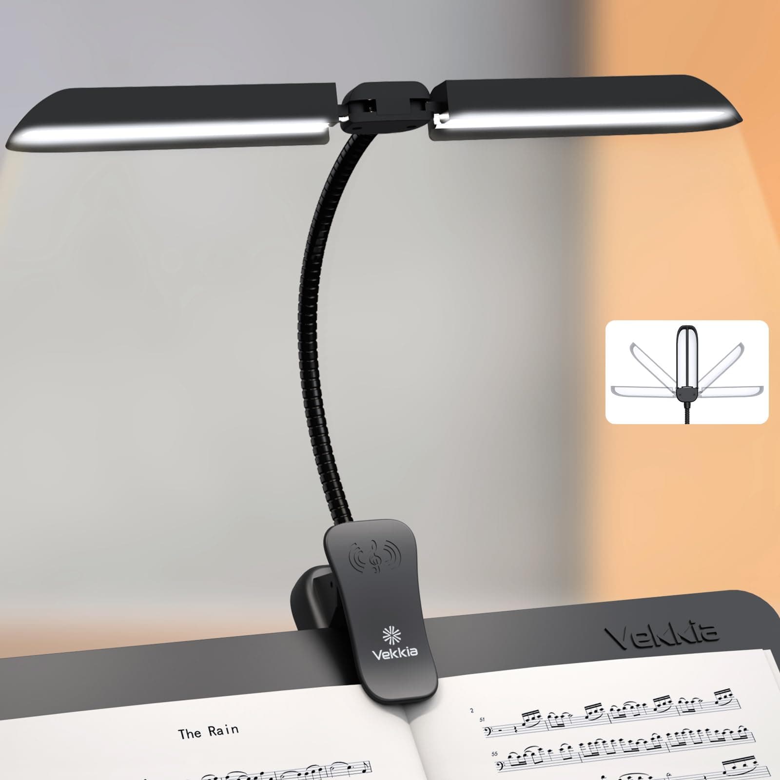 Vekkia Folding Music Stand Light, Portable 42 Led Rechargeable Super Bright Clip On Piano Lamp, Professional 5 BrightnessÃƒâ€”3 Color Temperature, Perfect for Grand Piano, Book Reading.