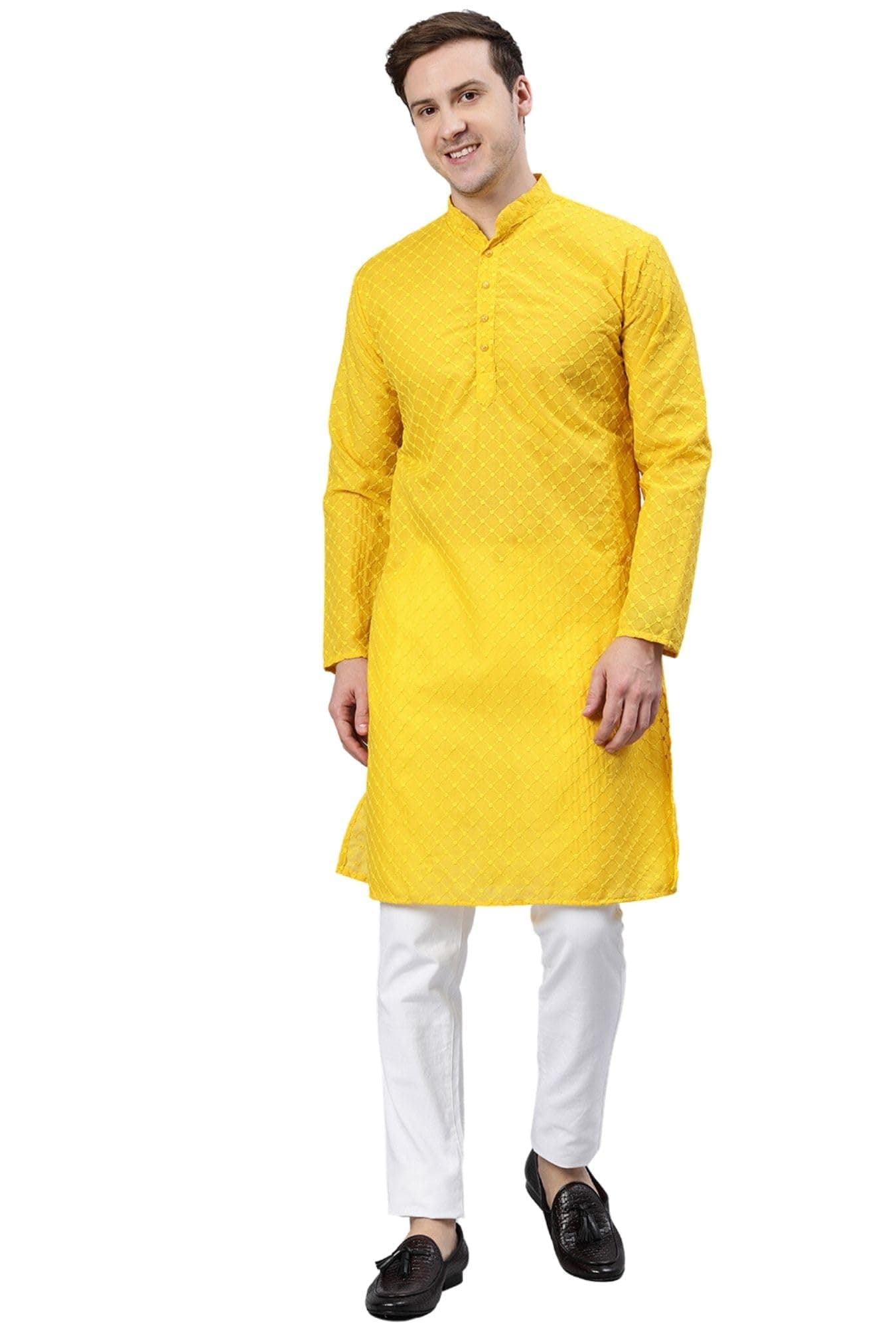 Men's Cotton Blend Regular Fit Casual Polyester Mandarin Collar Ethnic Motifs Embroidered Long Regular Kurta
