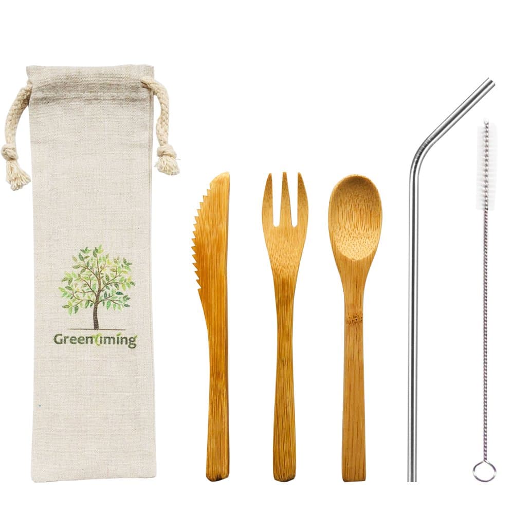 Reusable Bamboo Utensils Cutlery for Kids - 6 inch Travel Set, Bamboo Honey Spoon Fork Knife, 8.5 inch Stainless Steel Metal Straw with cleaning brush,To go Camping Lightweight Children Cutlery kit