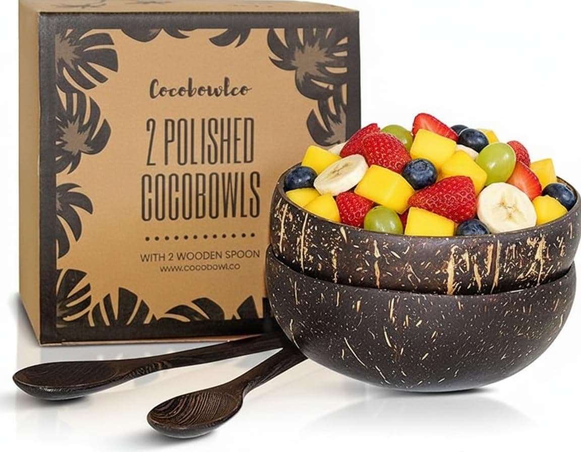 Coconut Bowls And Wooden Spoon Sets: 2 Vegan Organic Salad Smoothie or Buddha Bowl Kitchen Utensils (2, Polished)
