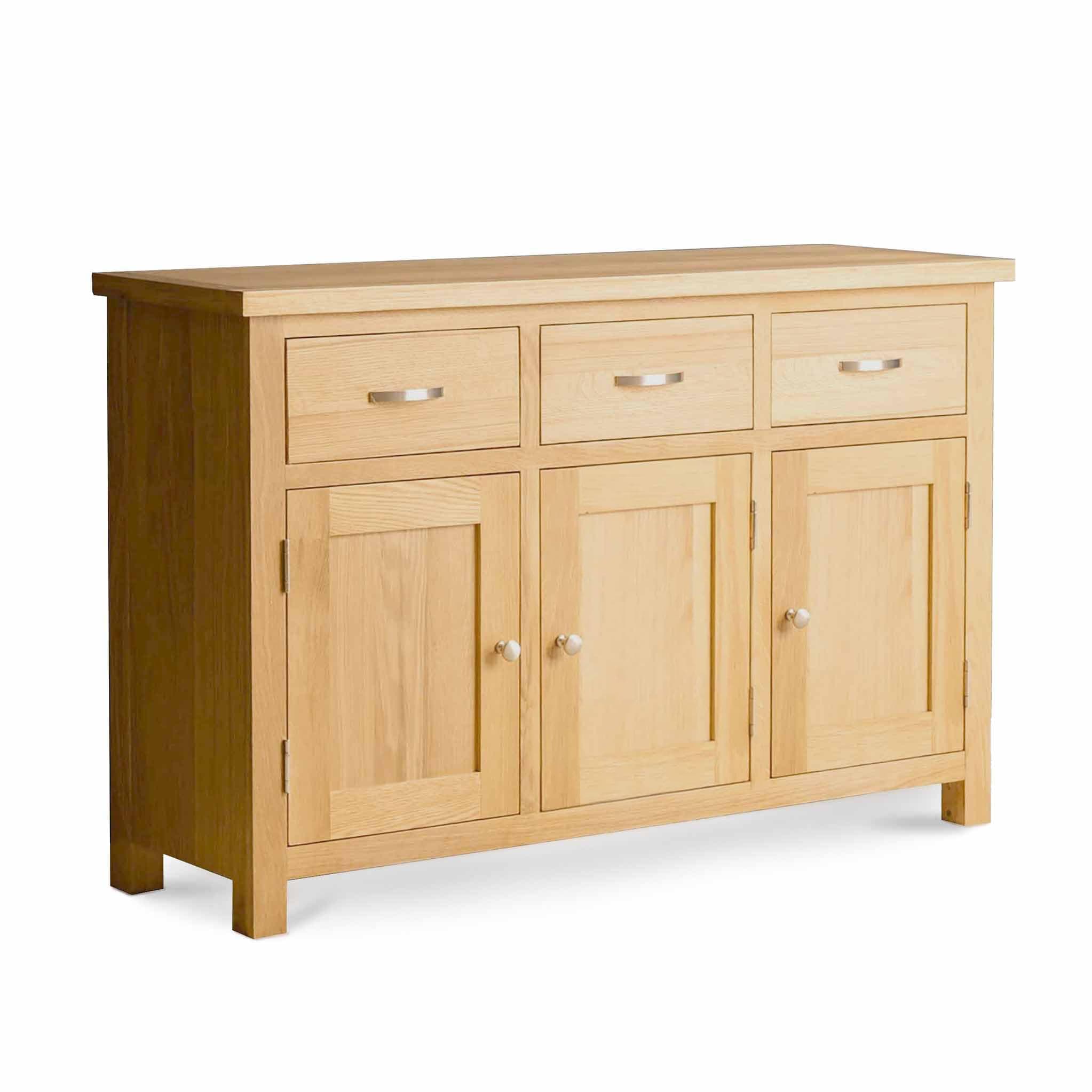 London Oak Large Sideboard Cabinet for Living Room | Roseland Furniture Solid Wood Contemporary 3 Drawer 3 Door Sideboard Storage for Dining Room, Fully Assembled