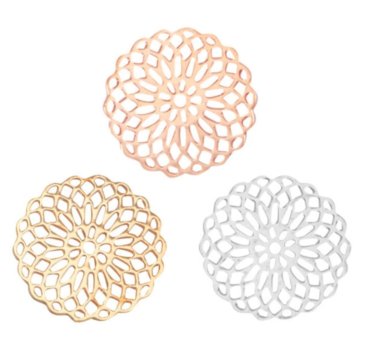 Sadingo Small Filigree Brass Bohemian Mandala Jewellery Connector, Pendant, 3 Pieces, 3 Colours, 1 Piece, 15 mm
