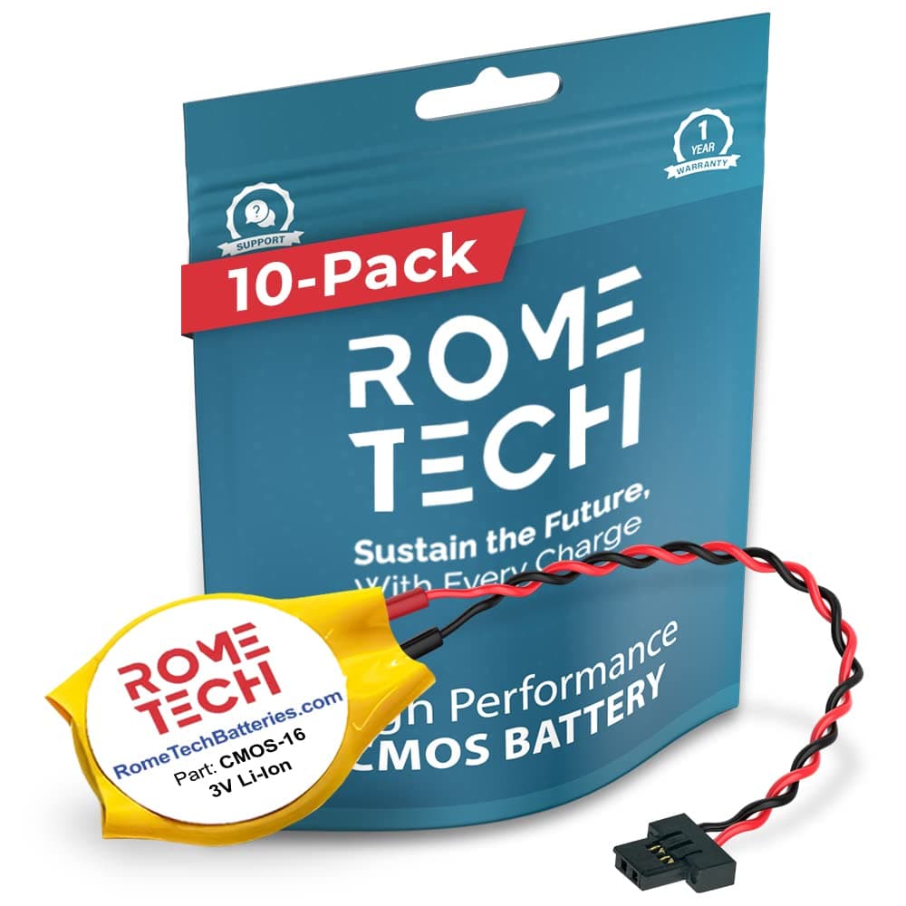 Rome Tech CR2032W CMOS Battery for Awow Ax41 Motherboard - Laptop Backup BIOS RTC 3V CR 2032 KTS 731 Battery with 2 Wire Cable FI Connector (10-Pack)