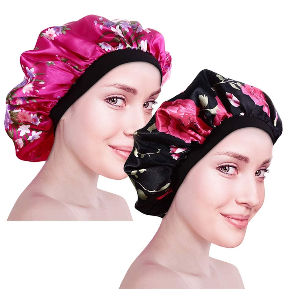 2 Pieces Wide Band Satin Cap Sleep Bonnet Soft Night Sleep Hat for Women Girls, Ideal Mother’s Day Gift (Black and Rose Red)