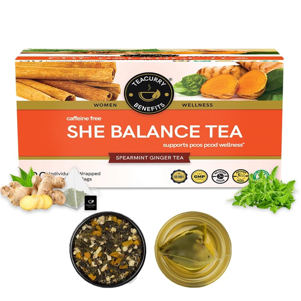TEACURRY Pcos Tea (1 Month Pack, 30 Tea Bags) - Helps With Hormone, Period And Weight - Pcos Pcod Tea - She Balance Ginger Tea, 60 Gms