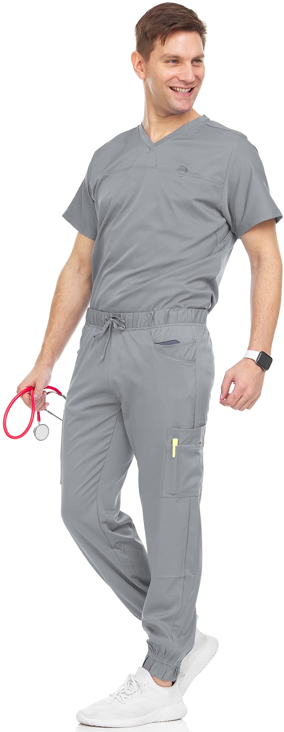 Men's Workwear Stretch V-Neck Scrub Joggers Set with Seven-Pocket Pants, Available in 6+ Colors