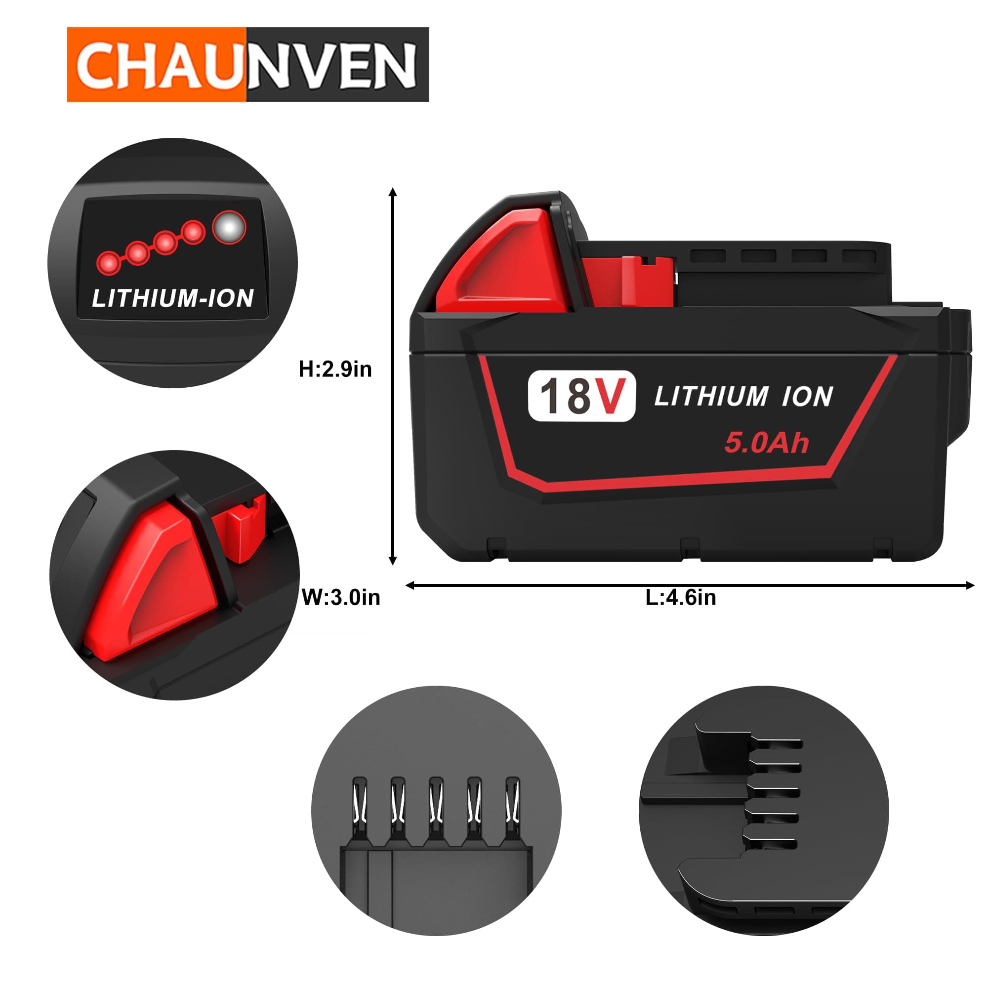 CHAUNVEN 18V 5.0Ah Battery Replacement for Milwaukee M18 Battery 48-11-1850 48-11-1820 48-11-1840,Compatible with M18 Cordless Power Tools 2 Pack