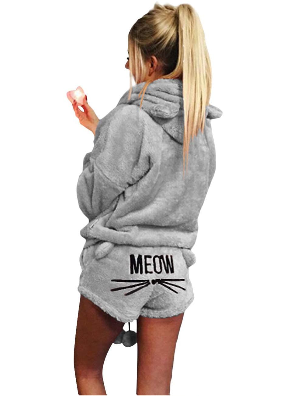 BlivenerPoplover Women's Fleece Pajamas Suit Hooded Sleepwear Meow Shorts Set, Pink or Purple, Varies