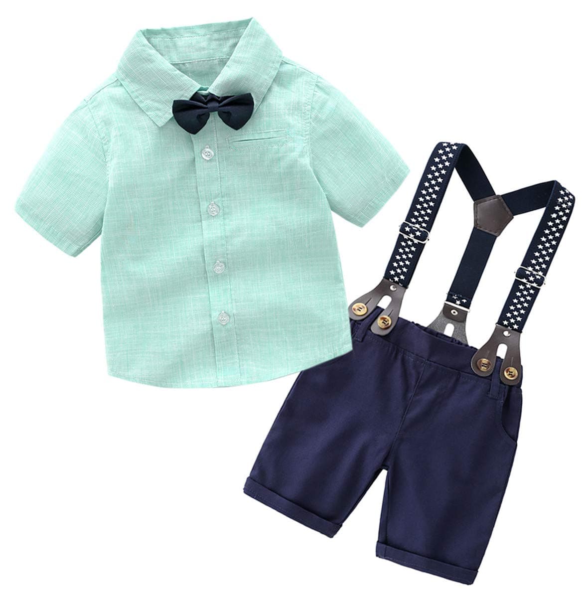 Baby Boys Dress Clothes, Toddlers Boys Short Sleeves Button Down Dress Shirt with Bow - tie + Suspender Shorts Set Summer Gentlemen Baby Tuxedo Outfit, Green, Tag 90 = 12-18 Months