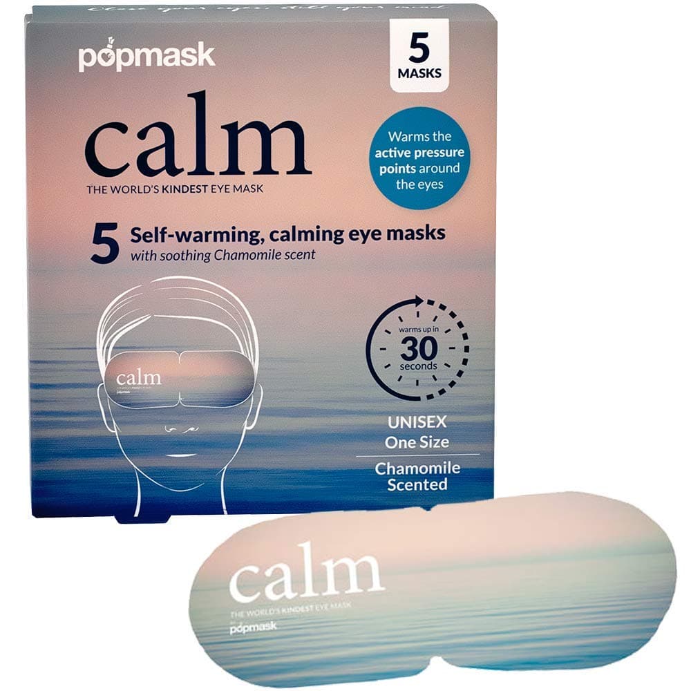 POPBAND Popmask Scented Self Heating Eye Mask for Sleeping - Warms In 20 Seconds, Natural Heat Source, Lasts For 20 Minutes - Pack of 5 CHAMOMILE Cotton Eye Masks With Ear Loops, Multicoloured