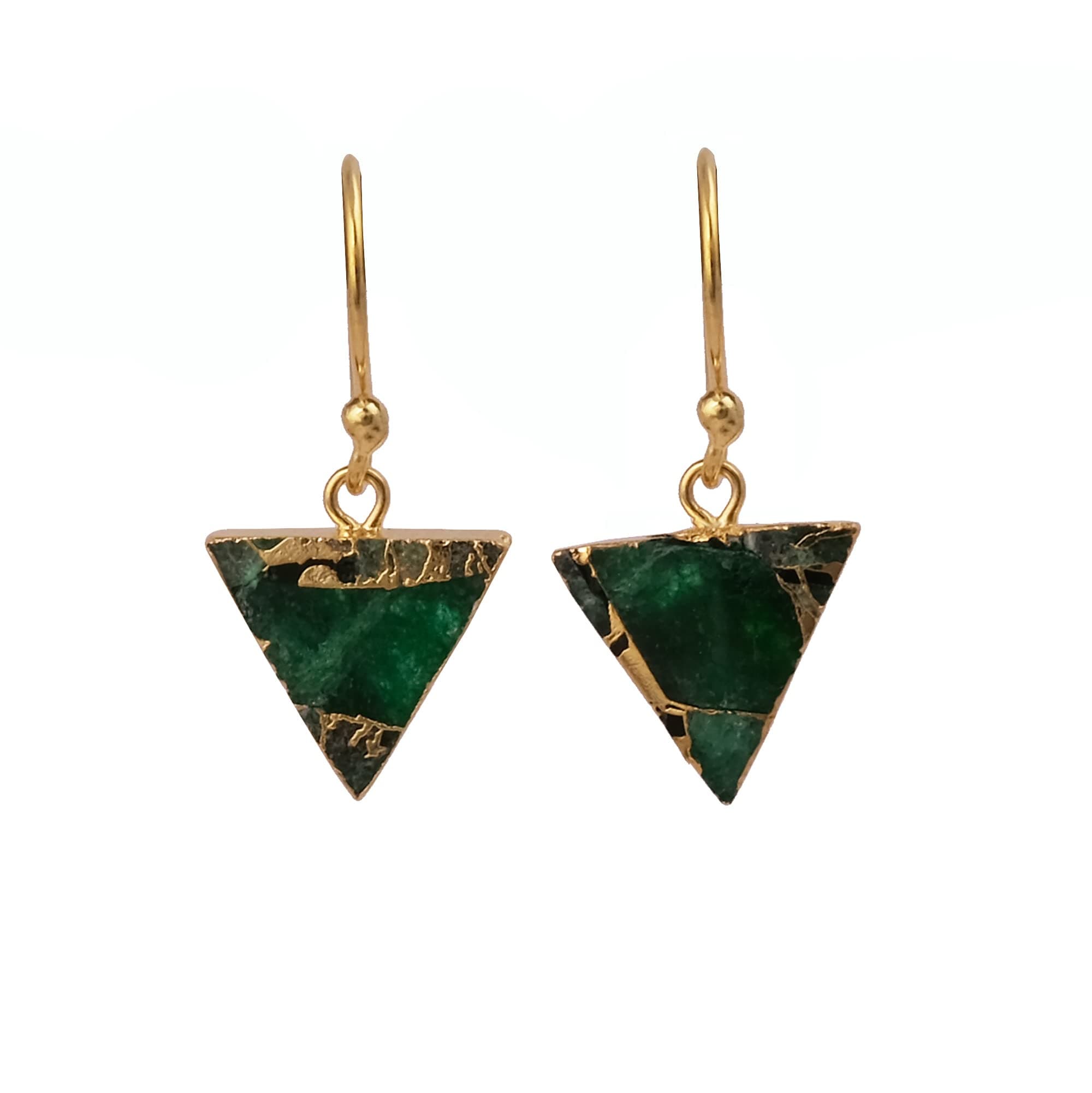 Hook Earring For Women's | Gemstone Wholesale Emerald Jade Fish Hook Jewelry | Brass Gold Electroplated Handmade Triangle Shape Earring | 2314)8