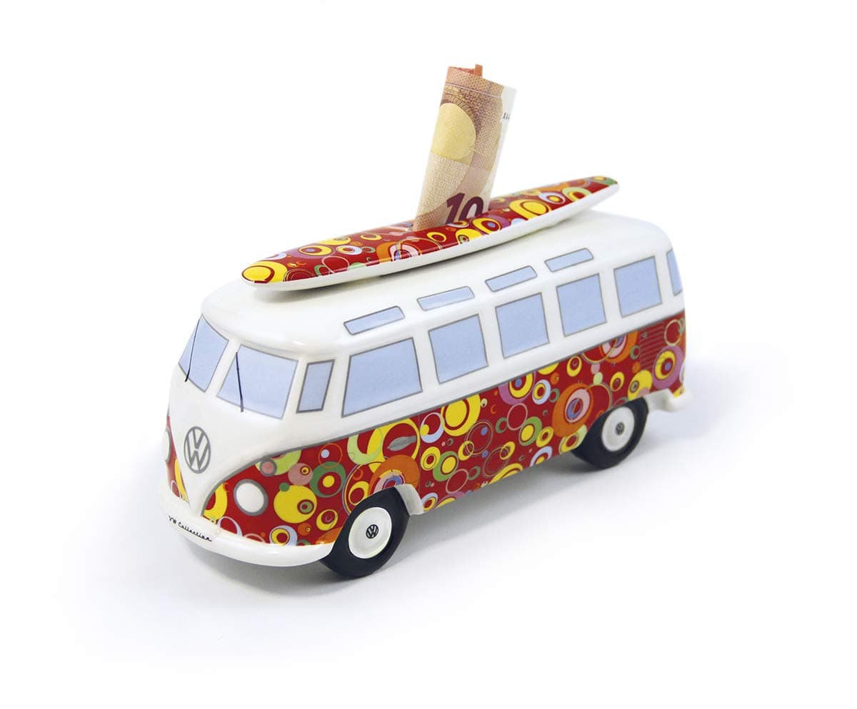 BRISA VW Collection - Volkswagen Savings Bank Piggy Bank Money Coin Box with Surfboard in T1 Bus Samba Design (Classic Bus/Red)