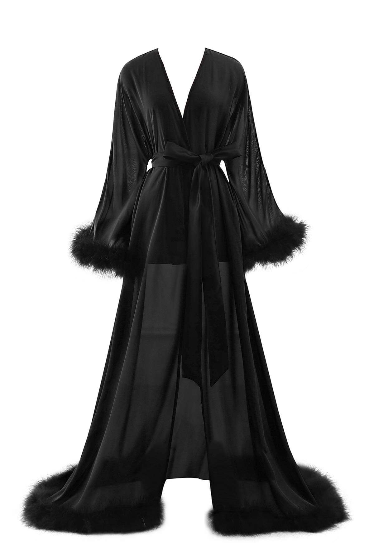 Molisa Sexy Feather Bridal Robes Chiffon Lingerie Nightgown Bathrobe Sleepwear Sheer Long Sleeve Wedding Scarf Black L/XL