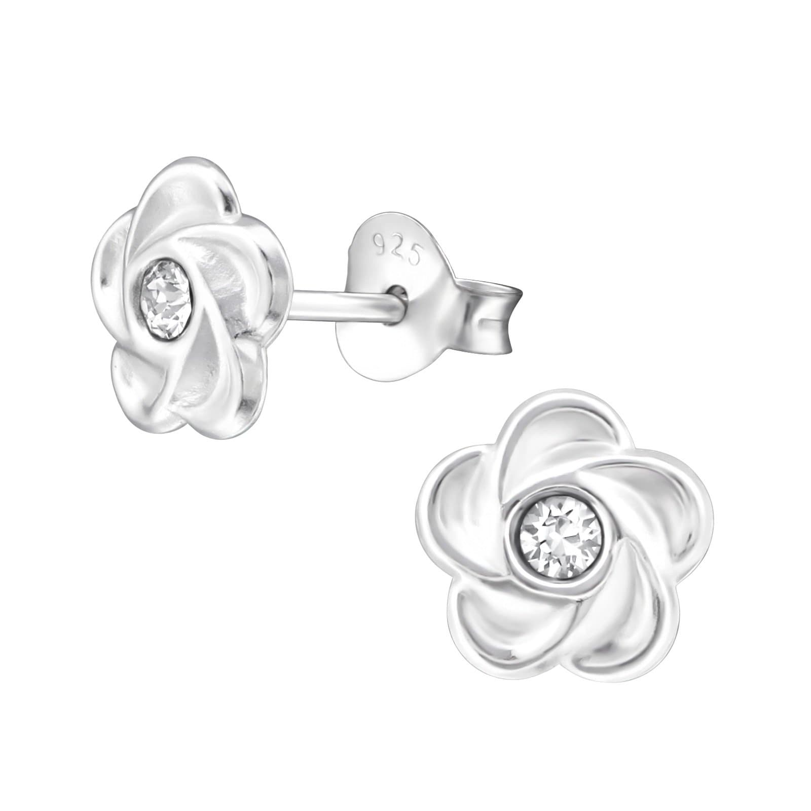 925 Sterling Silver with sparkling crystals flower stud earrings for girls in sparkly colours anti allergy hypoallergenic nickel free jewellery ladies sensitive ears gift box