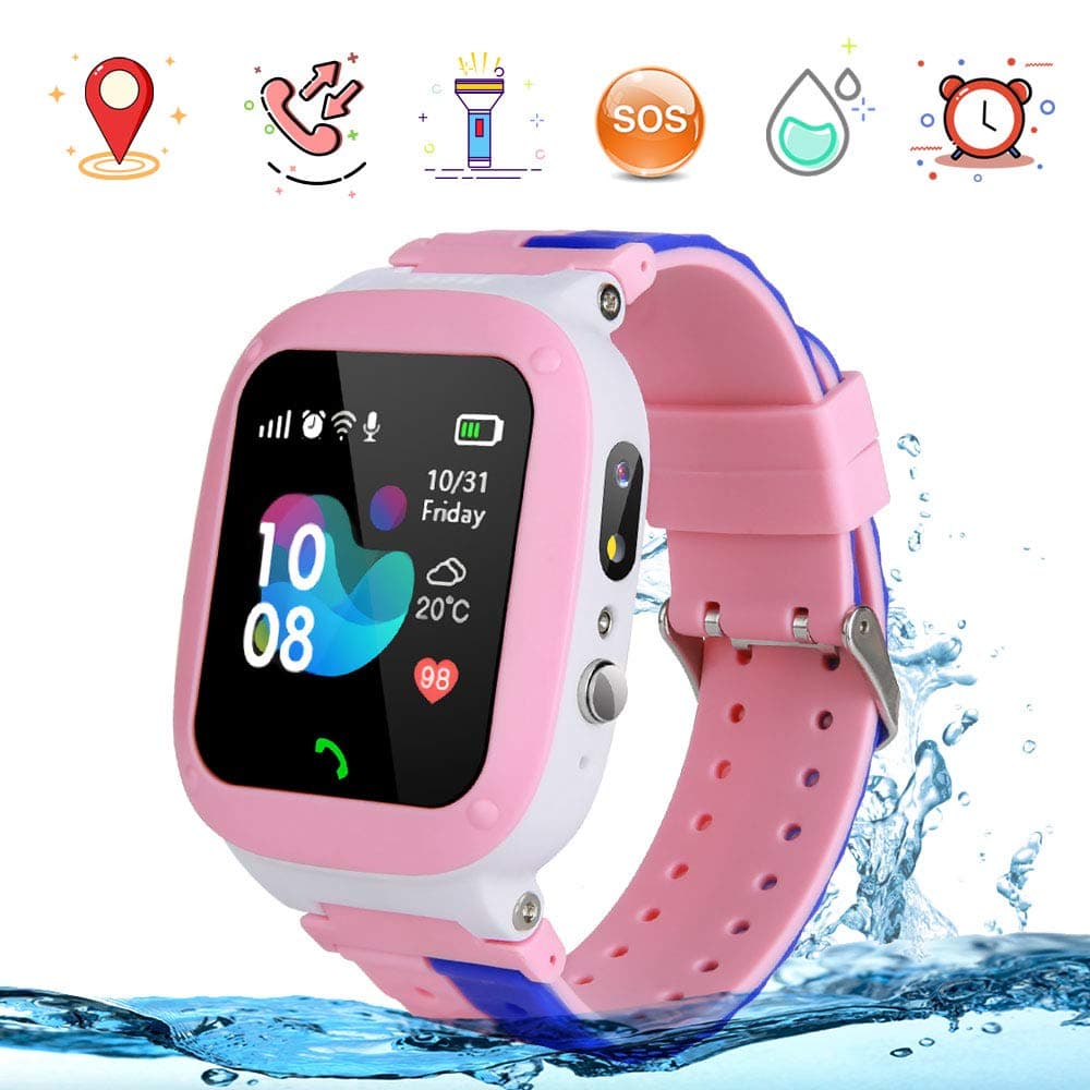 Kids Smart Watch Phone LBS Tracker Waterproof Smartwatches Flashlight Alarm SOS Birthday Gift Toys for Boys Girls Children Compatible for iOS and Android (pink)