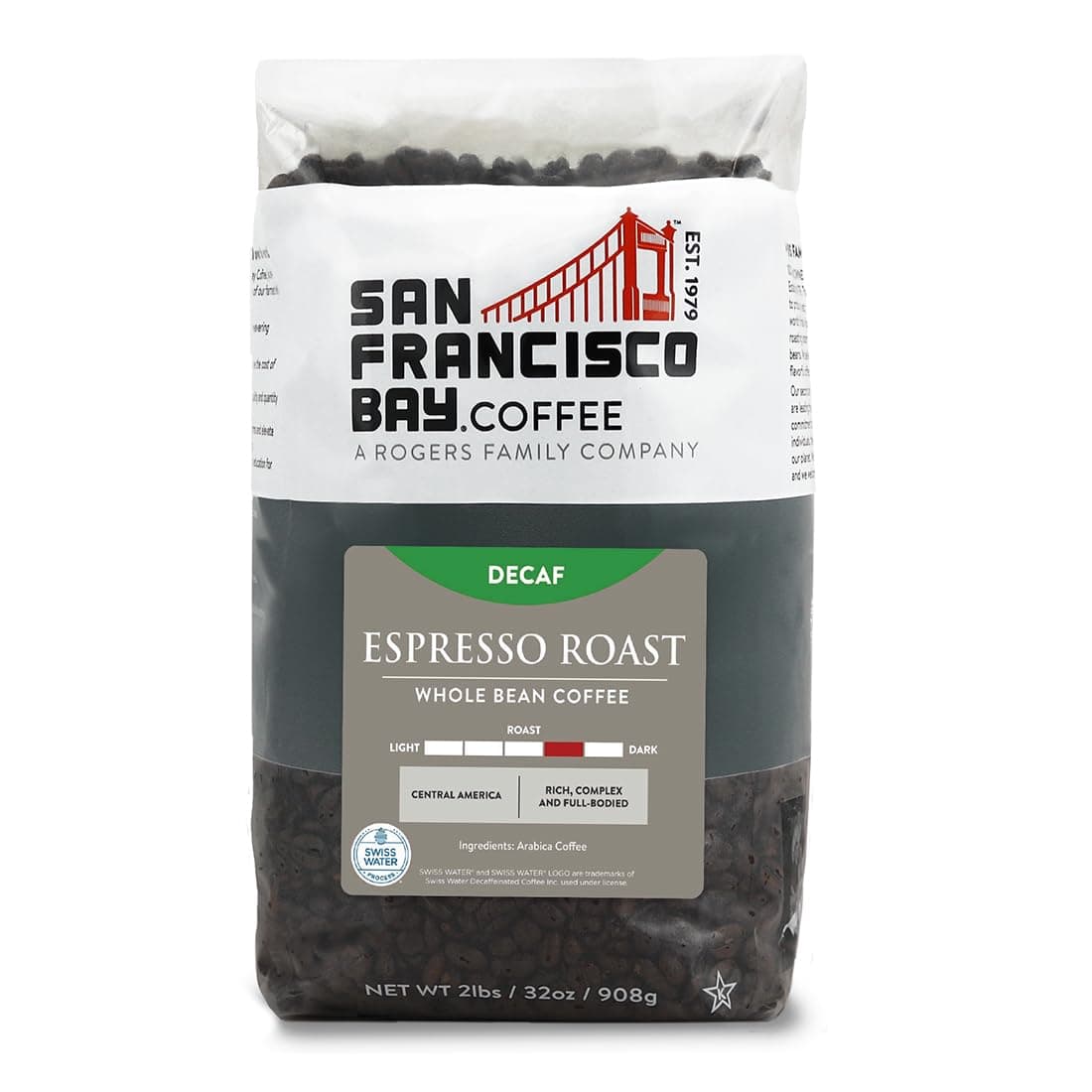 San Francisco Bay Coffee - Decaf Medium-Dark Roast Whole Bean Coffee - Decaf Espresso Roast (2 lb bag) - Swiss Water Processed