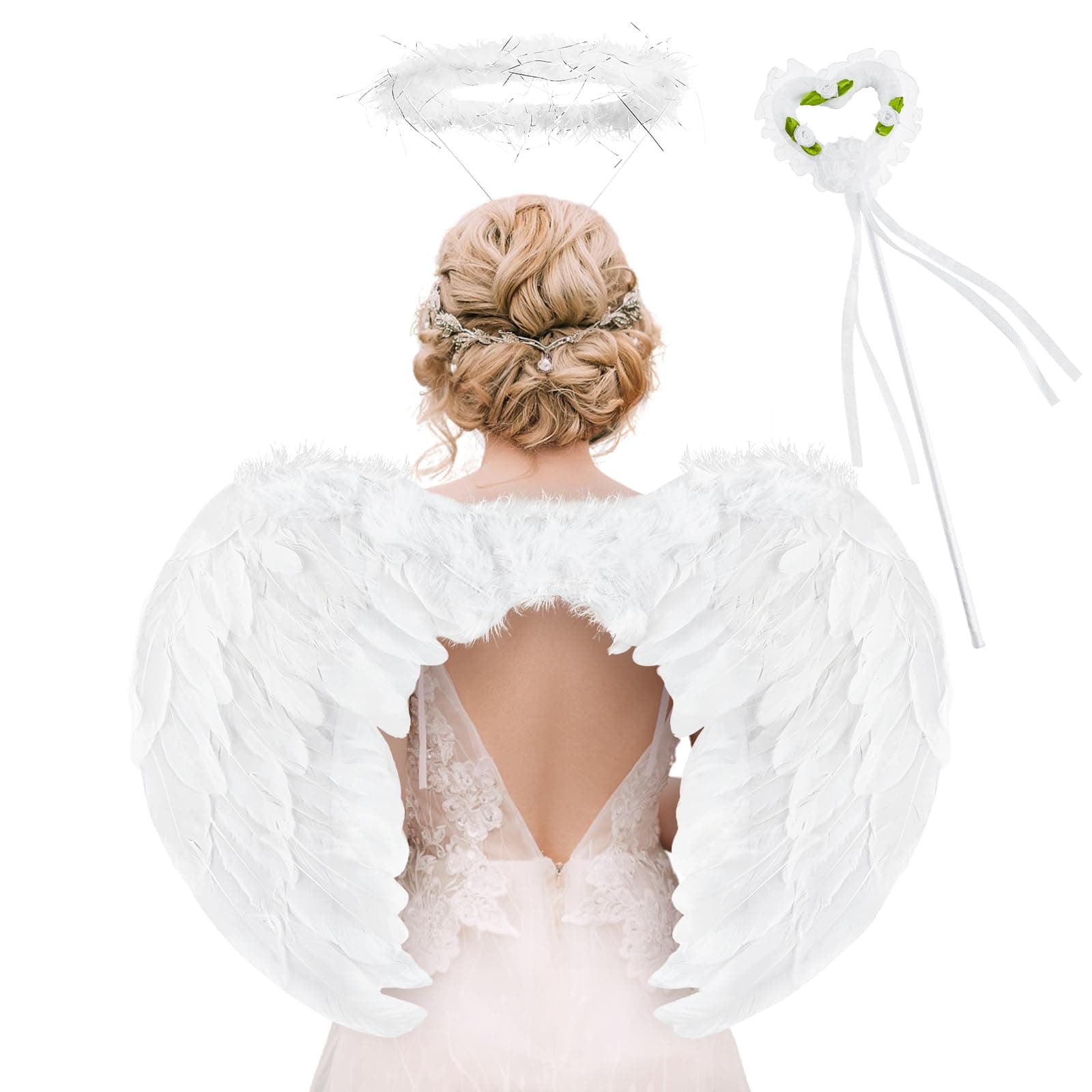 CLUEWRAngel Wings and Halo, Feather Angel Wings Costume Set for Girls Women Kids Halloween Cosplay Party