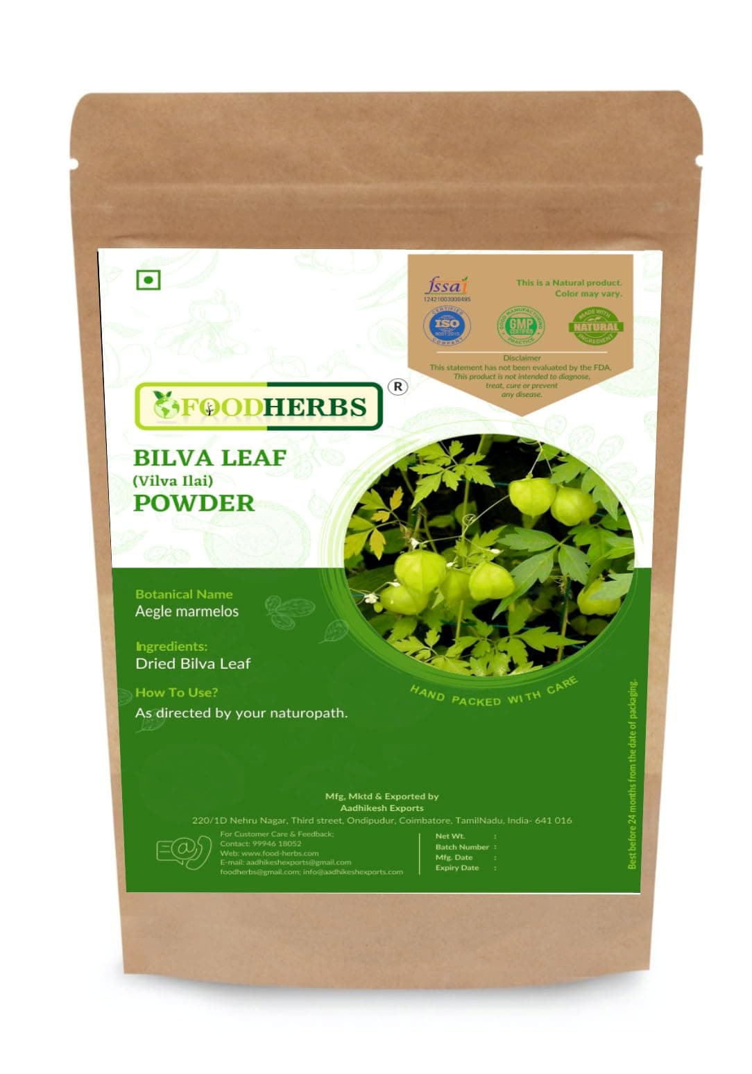 Foodherbs Bilva Leaf Powder 200g | 100% Natural Aegle Marmelos | Ayurvedic Supplement for Digestion, Immunity & Blood Sugar Support | Vegan, Non-GMO