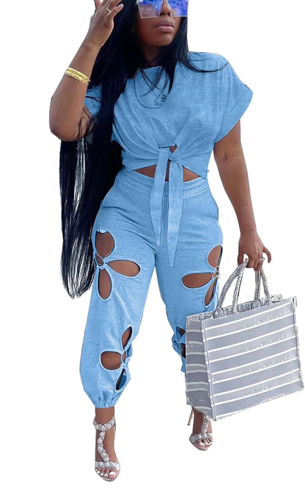 KEYUFANG Women 2 Piece Outfits Set Casual Crop Top Shirt Hollowed Out Sweatpants Women Fashion Tracksuit