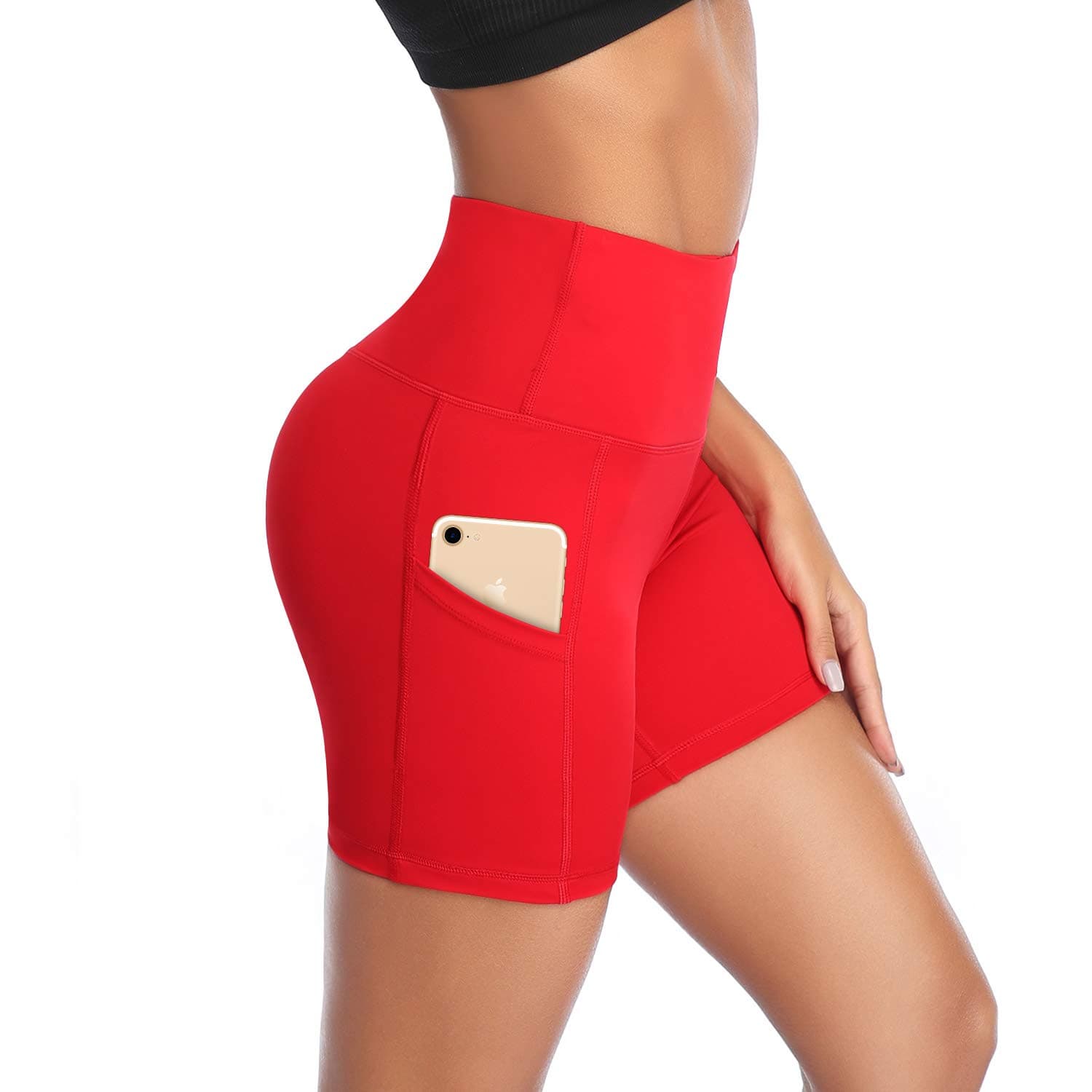 DAYOUNG Women Yoga Shorts High Waist Tummy Control Workout Biker Running Athletic Compression Short with Pockets, Red, Large