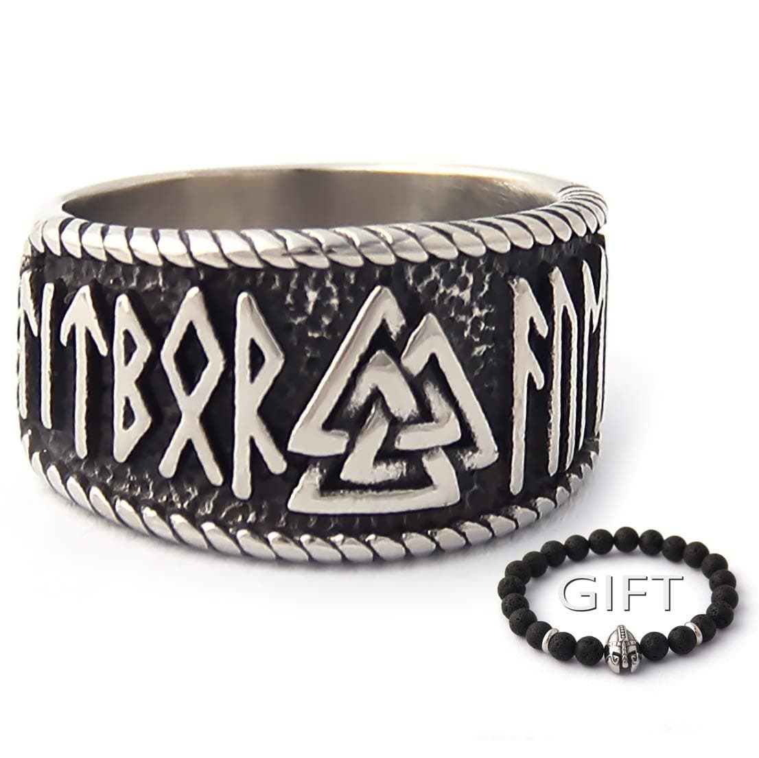 ENXICO Valknut Symbol Ring with Rune Letters 316L Stainless Steel Norse Scandinavian Viking Jewelry