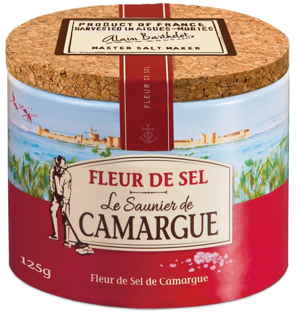 Le Saunier De Camargue Premium French Sea Salt, Fleur De Sel, Hand Harvested, Delicate Salt Flakes for Cooking, Baking and Seasoning, Round Box 1 x 125 g