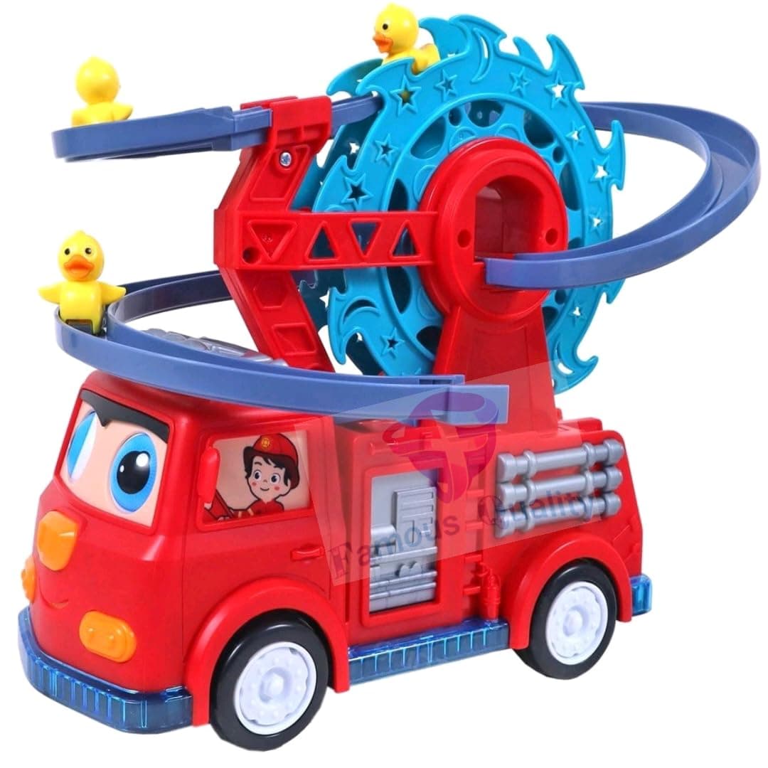 Famous Quality 5 in 1 Fire Engine Slide Toy Set, Automatic Slide Down Duck Toy Race Track Toy Rotating Ferris Wheel Toy Duck Slide Toy Fire Truck Toy with Movable Eyes, Music & Lights