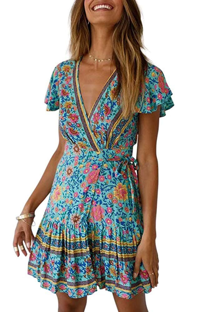Vruan Summer Dresses for Women Short Sleeve A-line Bohemian Floral Print Casual Dresses V Neck Beach Mini Ruffle Dresses with Belt 5 Color Size Size 8-20 Light Green
