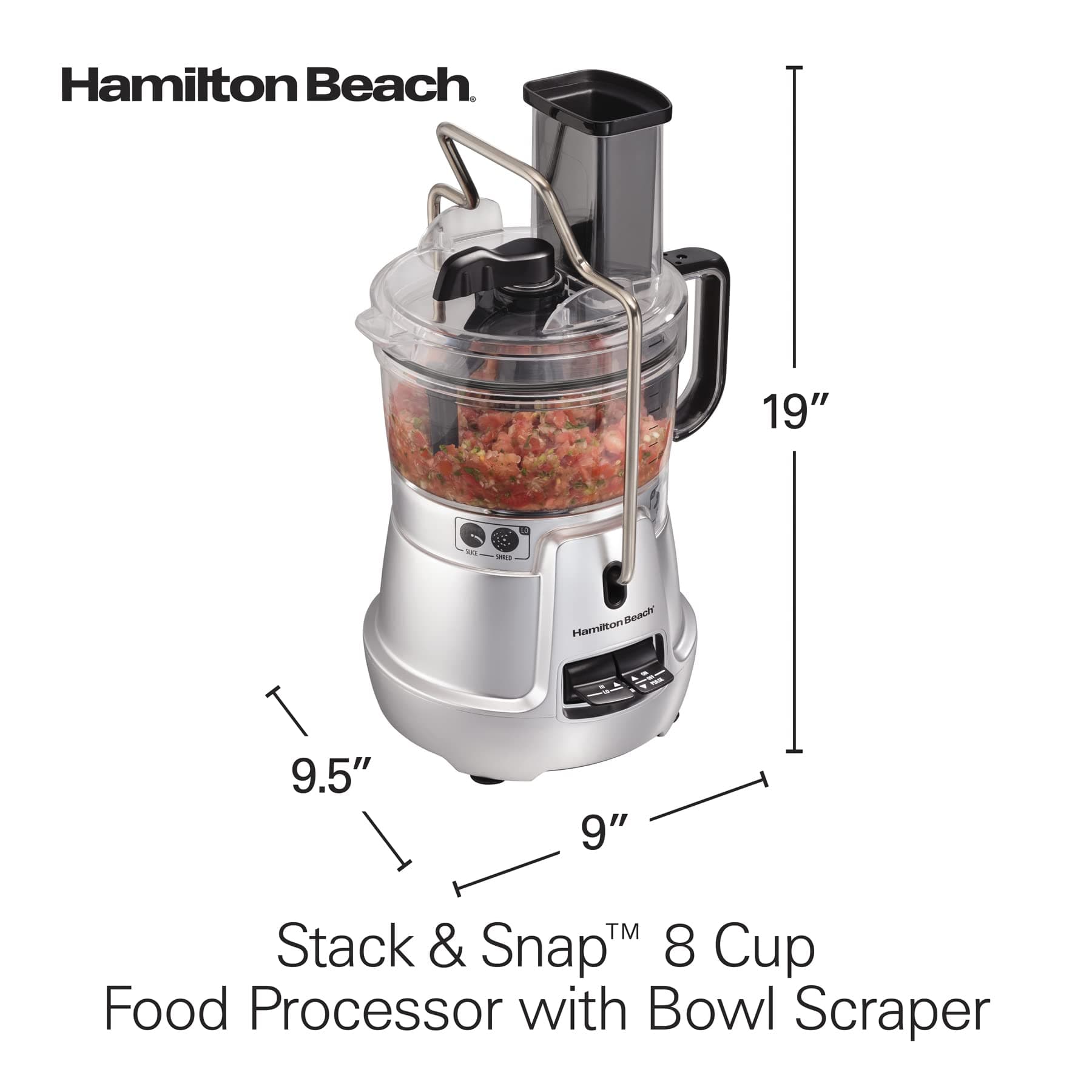 Hamilton Beach Stack & Snap 8-Cup Food Processor & Vegetable Chopper with Adjustable Slicing Blade, Built-in Bowl Sc & Storage Case, Silver (70820)
