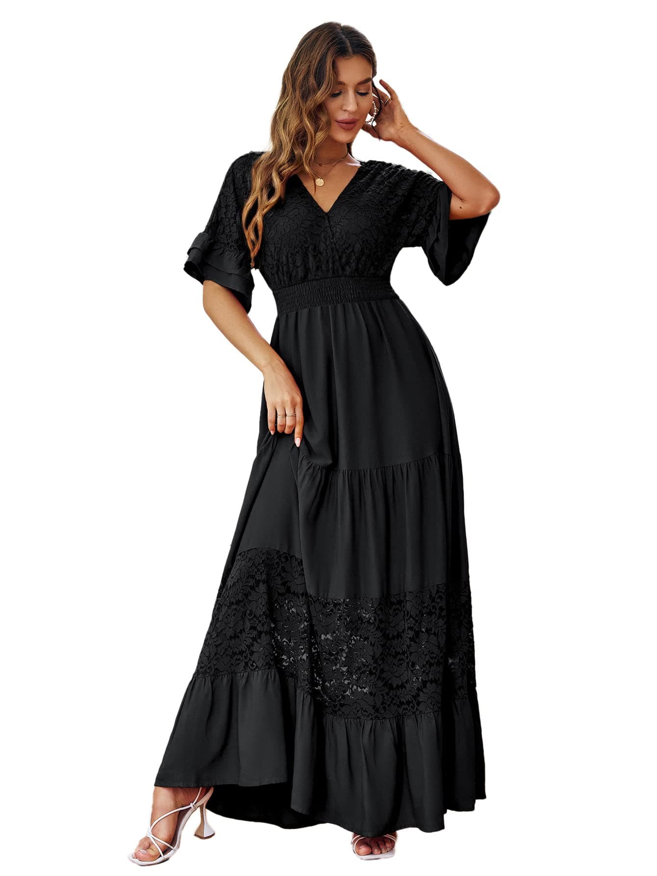 Simplee ApparelSimplee Women V Neck Formal Lace Maxi Dress Ruffle Flowy Short Sleeve Boho Wedding Guest Long Dress