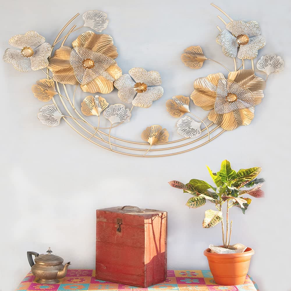 Vedas Wrought Iron Vera Gold Flower Wall Art Decor ative Hanging & Sculpture Living Room Decor (Size 48 x 32 inches)