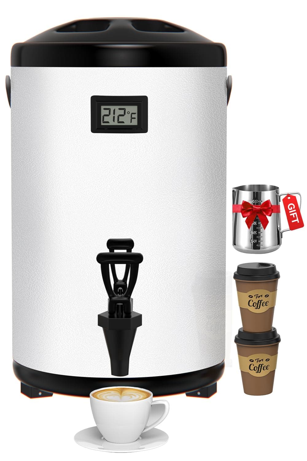 Insulated Beverage Dispenser 2.2 Gallon - Thermal Hot Beverage Dispenser, Hot and Cold Drink Dispenser with Spigot for Hot Water Coffee Chocolate Tea Cold Milk Cocoa, White (Non-electric),N3