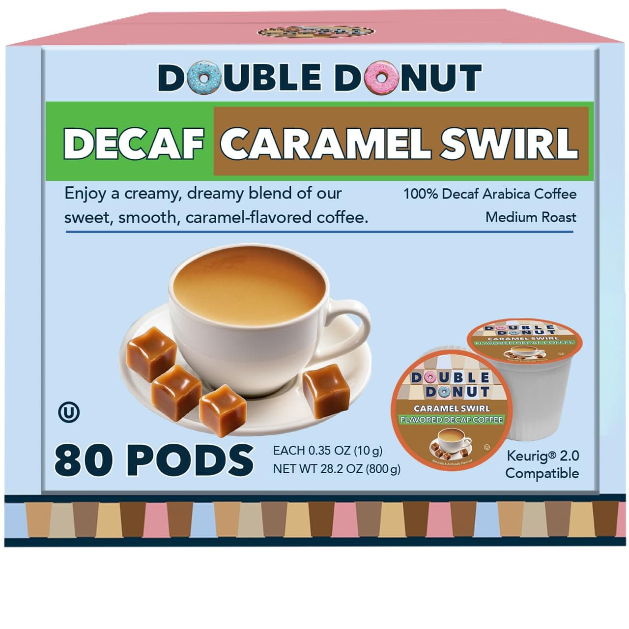 Caramel Swirl Medium Roast Flavored Decaf Coffee Pods for Keurig K Cups Makers from Double Donut, 80 Capsules