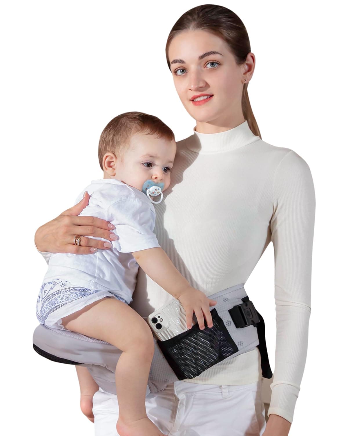 Baby Hip Seat Carrier, GROWNSY Ergonomic Hip Seat Baby Carrier with Multiple Pockets, Adjustable Extended Waistband for Newborns & Toddlers up to 50 lbs, Breathable Grey for Summer