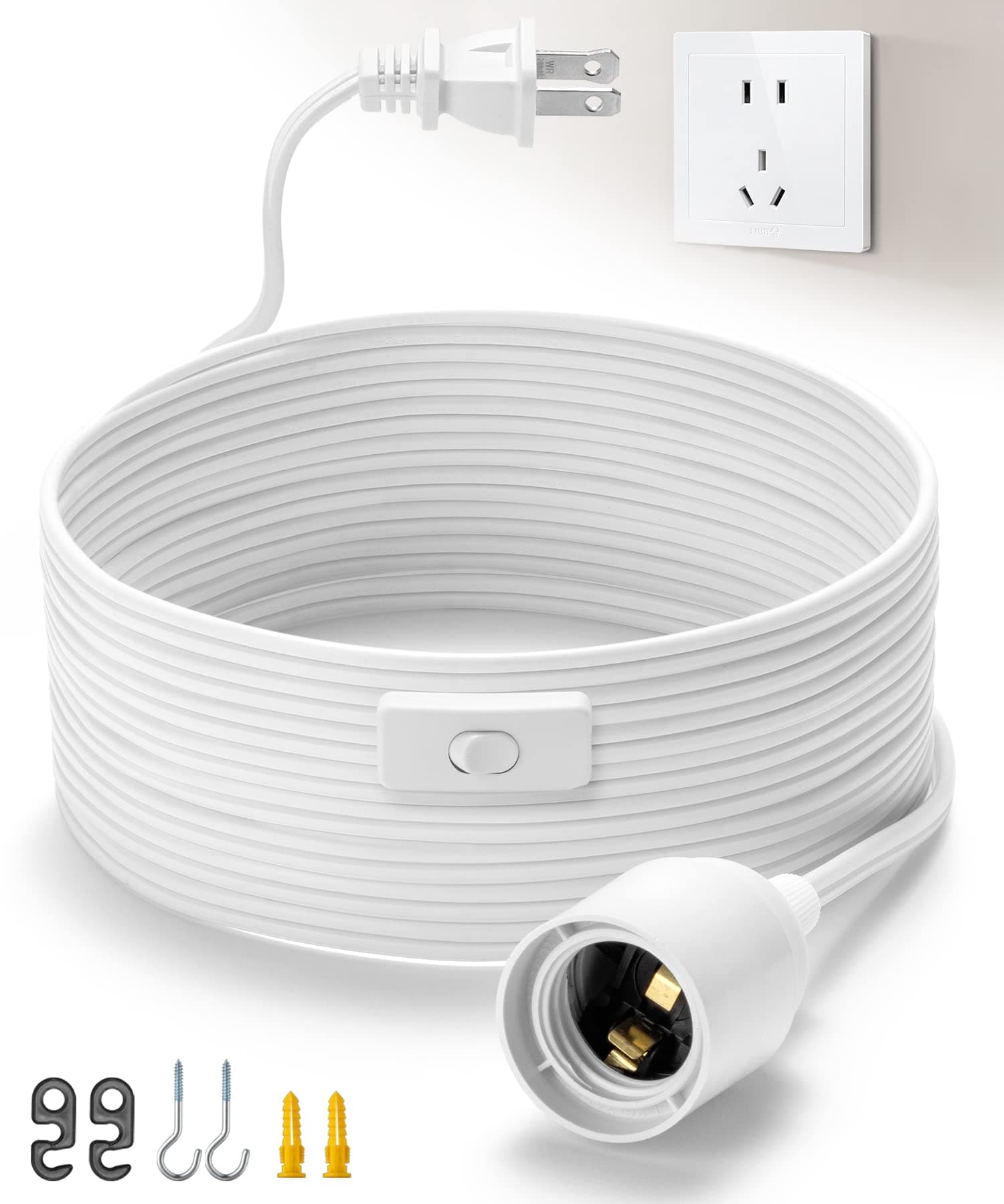 20Ft Extension Hanging Lantern Pendant Light Cord - White, E26 Light Bulb Socket with Cord, On/Off Switch, Polarized Plug, UL Approval Hanging Light Cable with Socket (No Bulb)