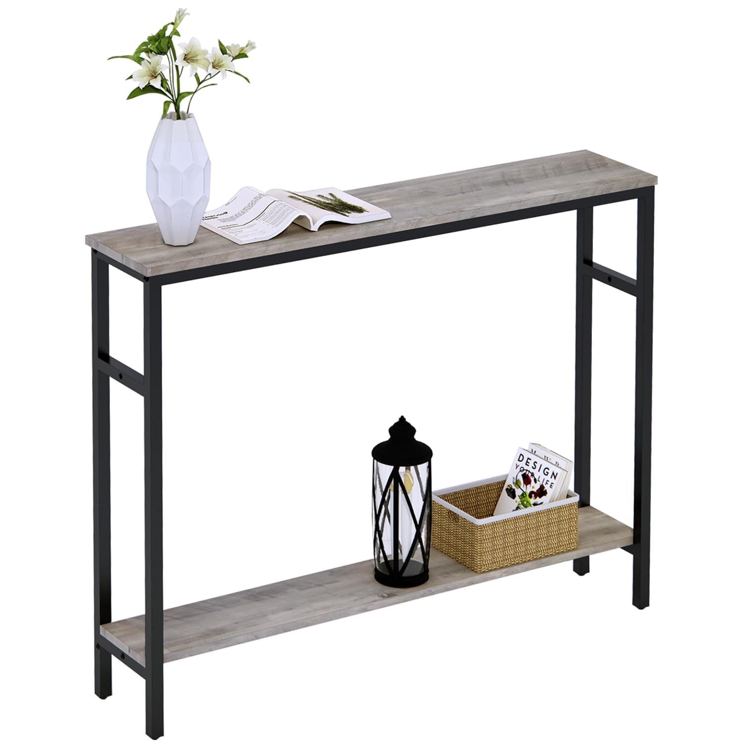 Narrow Console Table, 39.4” Sofa Table with Adjustable Shelf, 2-Tier Long Skinny Table for Hallway, Entryway, Living Room, Foyer, Grey