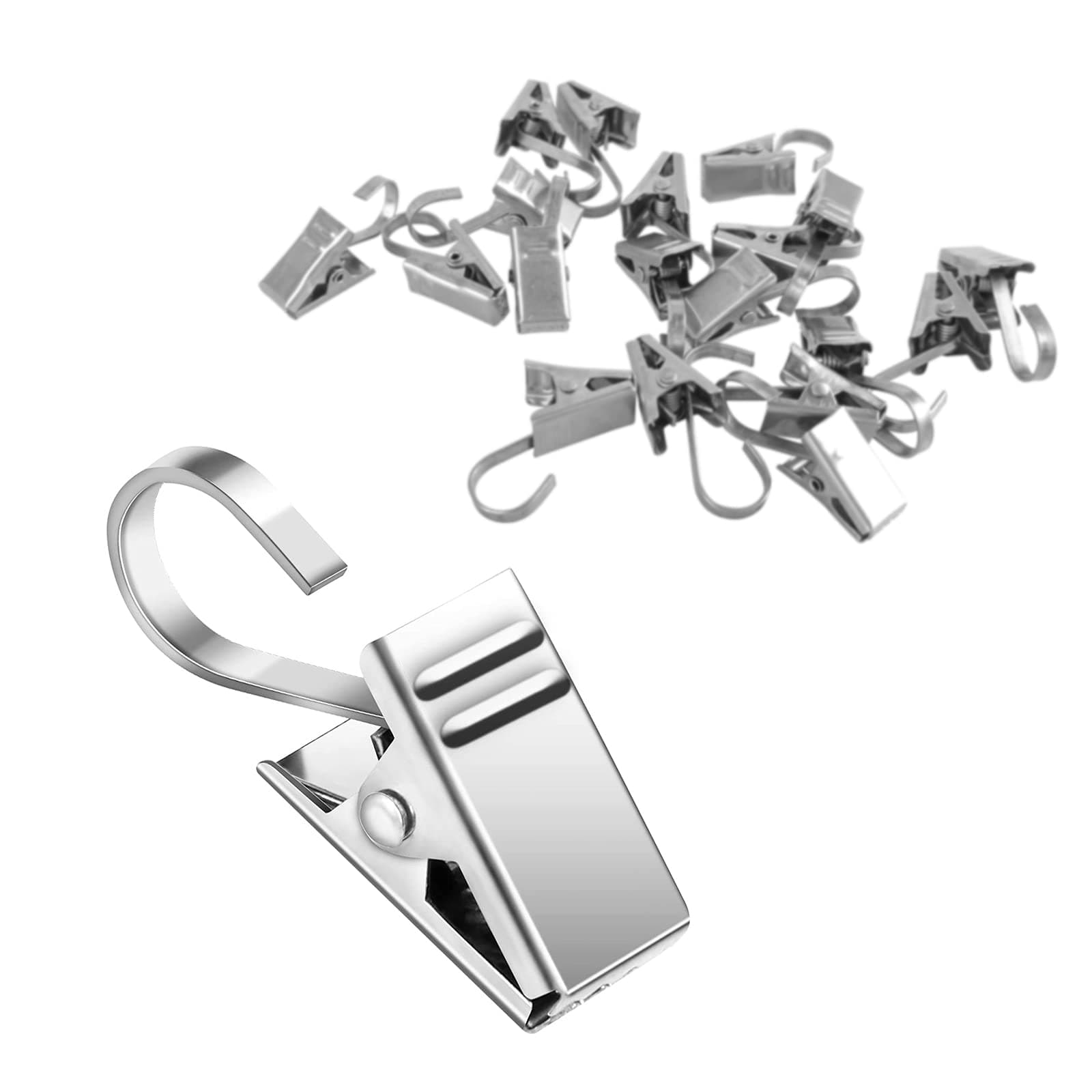 FuninCrea Stainless Steel Curtain Hooks, 20pcs Heavy Duty Stainless Steel Curtain Clips with Hook, Metal Pole Hooks Curtains Hanging Hook for Curtains, Photos, Home Decoration