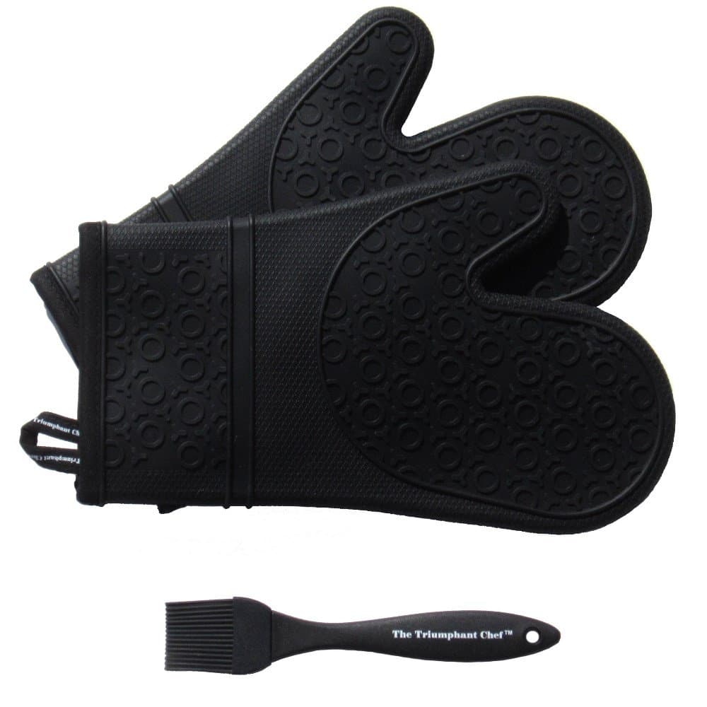 Super Flex Silicone Oven Glove, Deluxe Quilted Liner, 1 Pair, Black, Bonus Sauce Brush